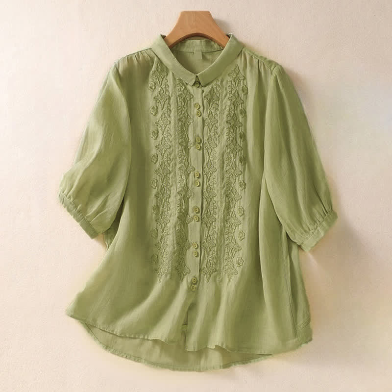Nimara Ritual Summer Plain Button Embroidery Flower Pattern Three Quarter Sleeve Lapel Women's Shirt