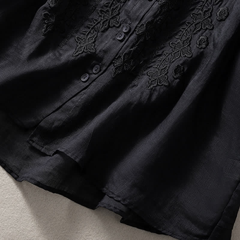 Nimara Ritual Summer Plain Button Embroidery Flower Pattern Three Quarter Sleeve Lapel Women's Shirt