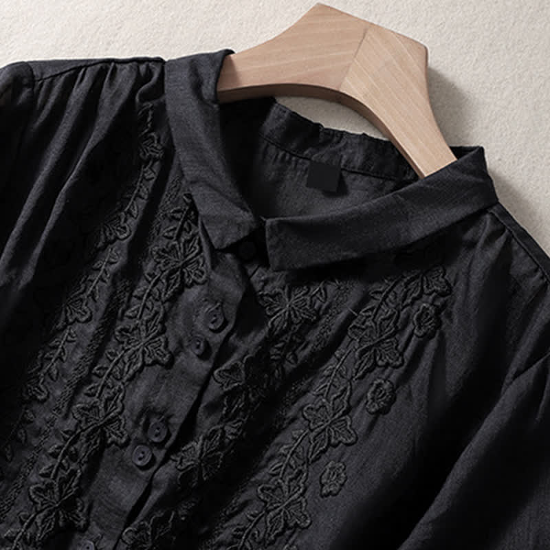 Nimara Ritual Summer Plain Button Embroidery Flower Pattern Three Quarter Sleeve Lapel Women's Shirt