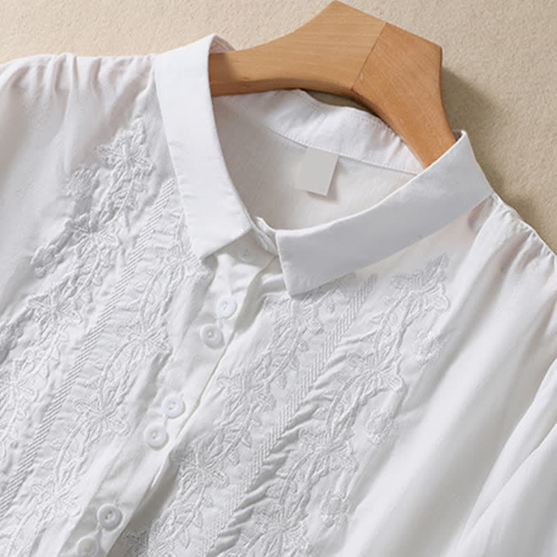 Nimara Ritual Summer Plain Button Embroidery Flower Pattern Three Quarter Sleeve Lapel Women's Shirt