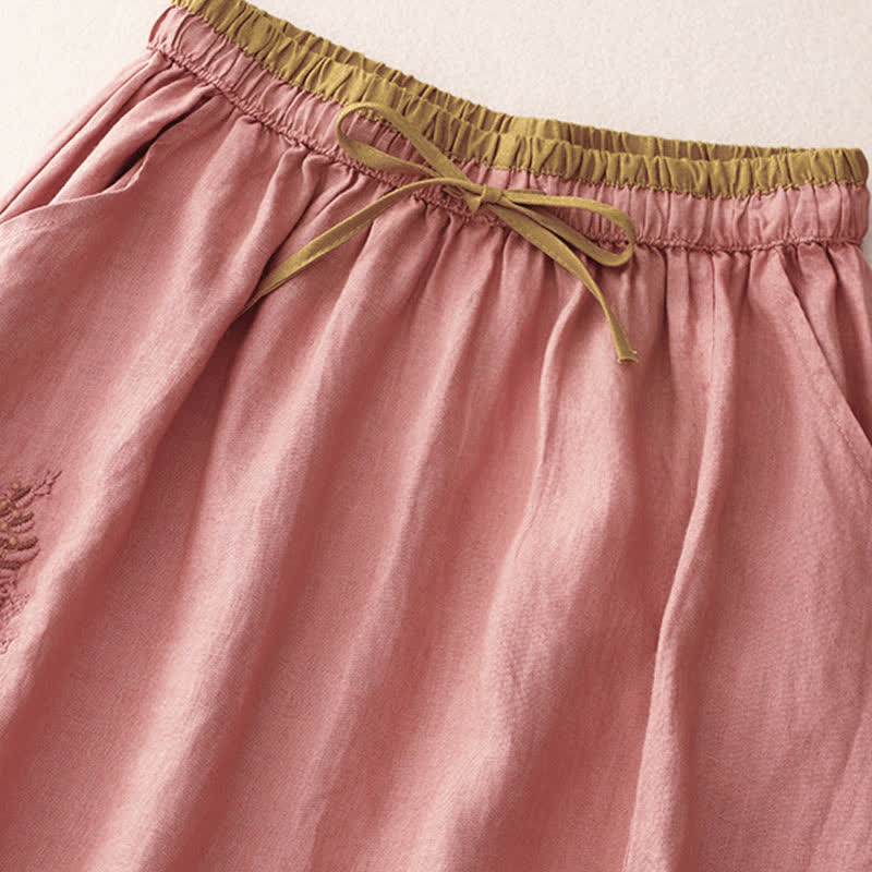 Nimara Ritual Vintage Solid Embroidery Drawstring Women's Skirt With Pockets