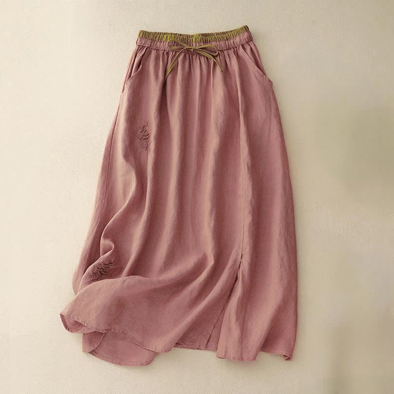 Nimara Ritual Vintage Solid Embroidery Drawstring Women's Skirt With Pockets