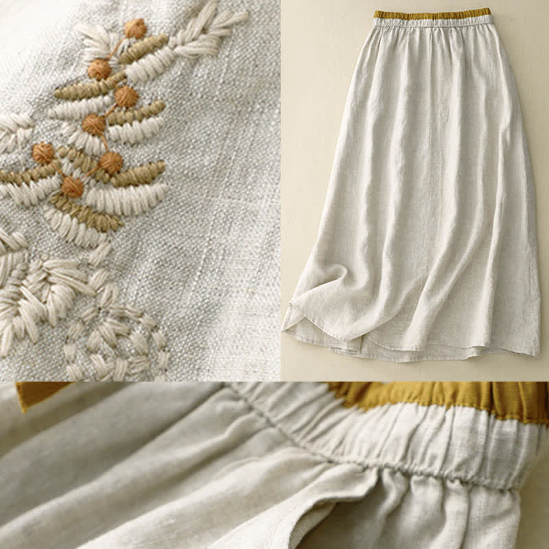 Nimara Ritual Vintage Solid Embroidery Drawstring Women's Skirt With Pockets