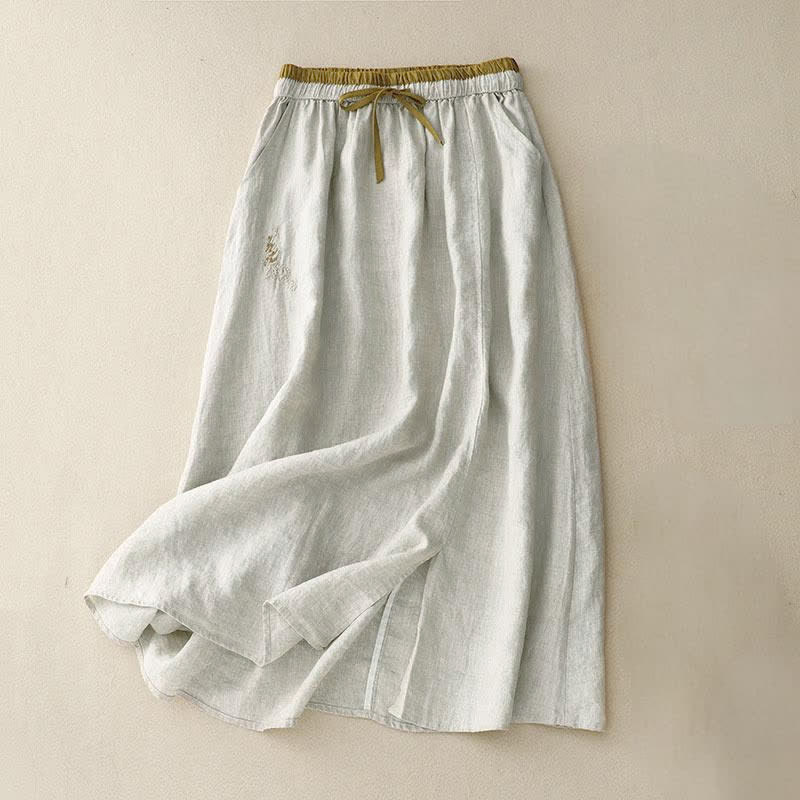 Nimara Ritual Vintage Solid Embroidery Drawstring Women's Skirt With Pockets