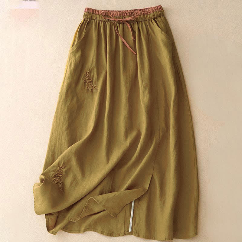 Nimara Ritual Vintage Solid Embroidery Drawstring Women's Skirt With Pockets
