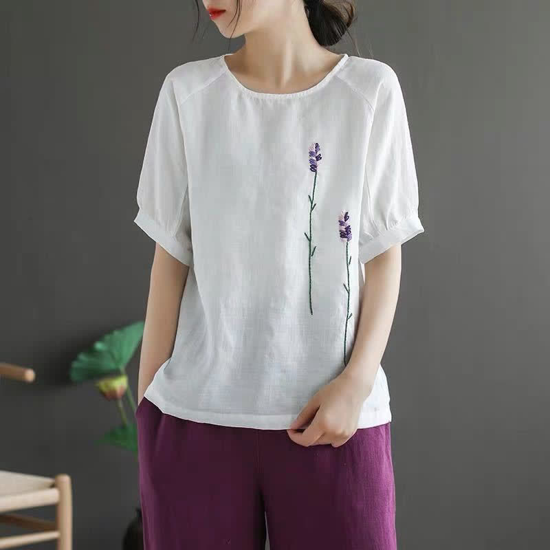 Nimara Ritual Summer Vintage Embroidered Flower Pattern Women's Crew Neck Design T-Shirt