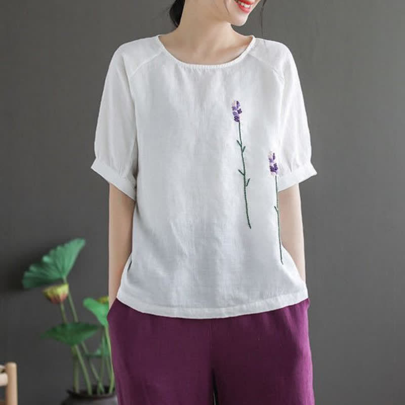 Nimara Ritual Summer Vintage Embroidered Flower Pattern Women's Crew Neck Design T-Shirt