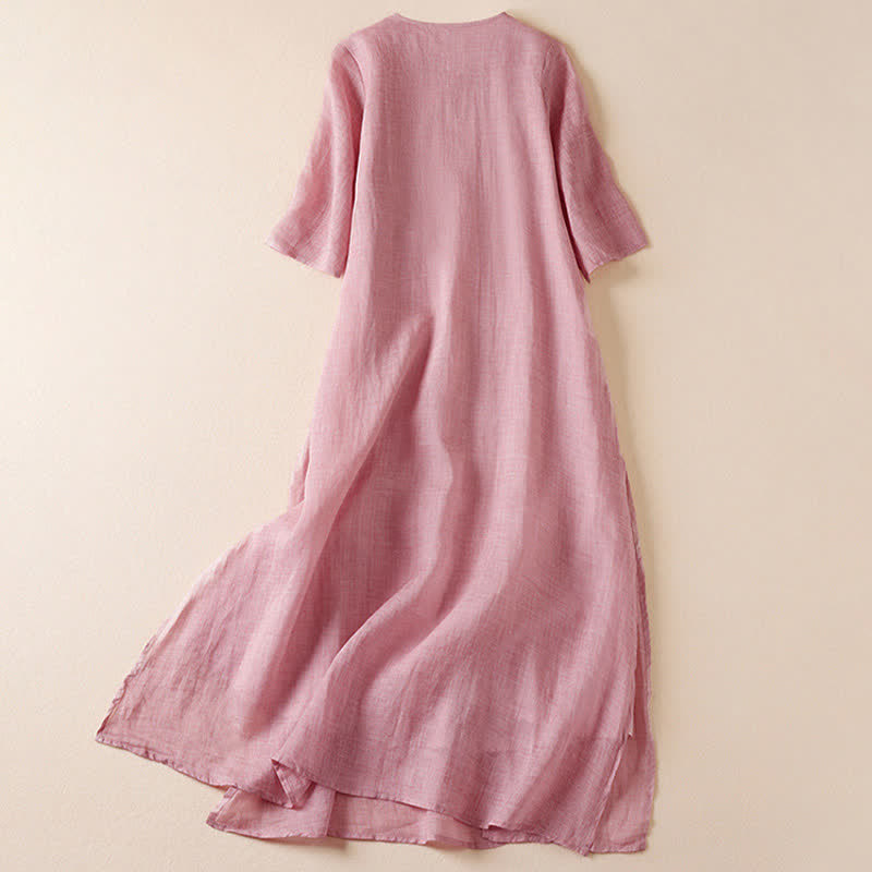 Nimara Ritual Embroidered Leaf Crew Neck Half Sleeve Fiber Midi Dress