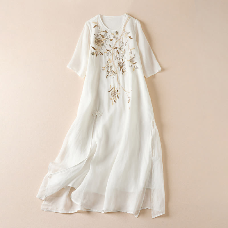 Nimara Ritual Embroidered Leaf Crew Neck Half Sleeve Fiber Midi Dress
