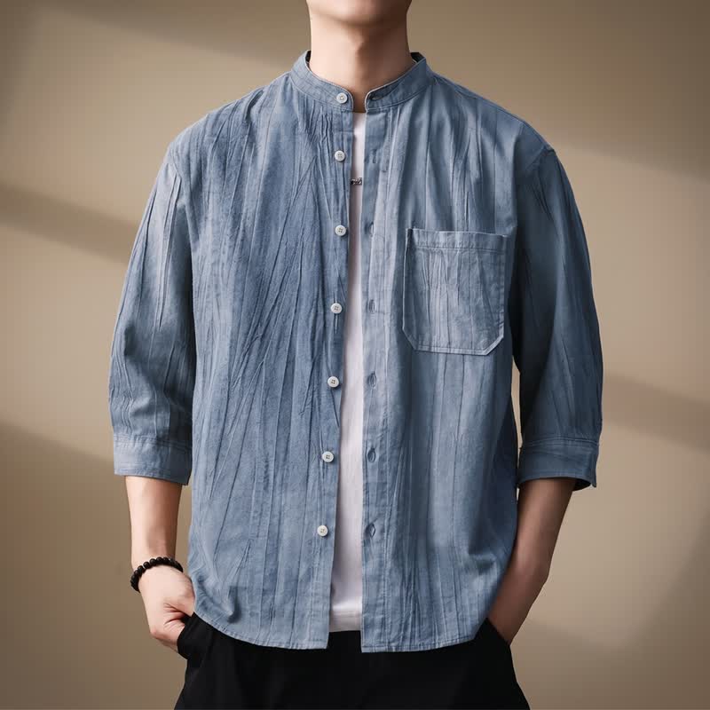 Nimara Ritual Spring Summer Casual Mandarin Collar Solid Cotton Men's Long Sleeve Shirts With Patch Pocket