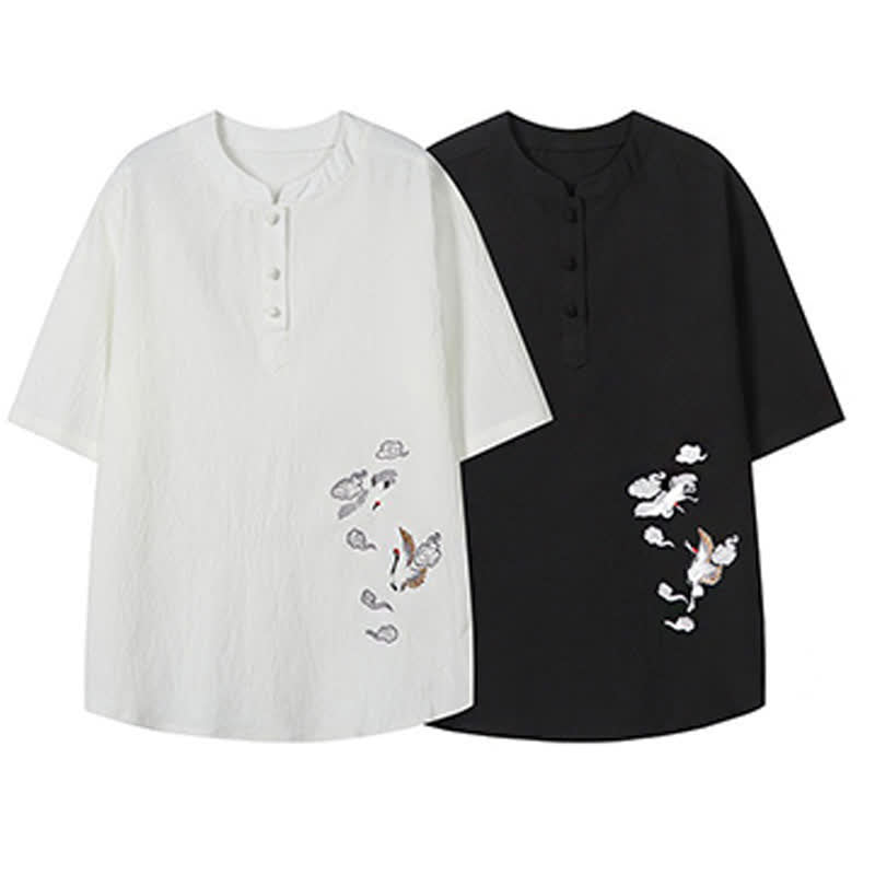 Nimara Ritual Summer Tang Style Casual Mandarin Collar Embroidery Crane Men's Short Sleeve Shirts
