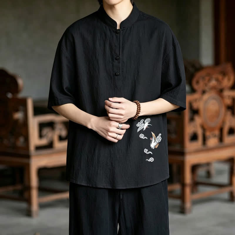 Nimara Ritual Summer Tang Style Casual Mandarin Collar Embroidery Crane Men's Short Sleeve Shirts