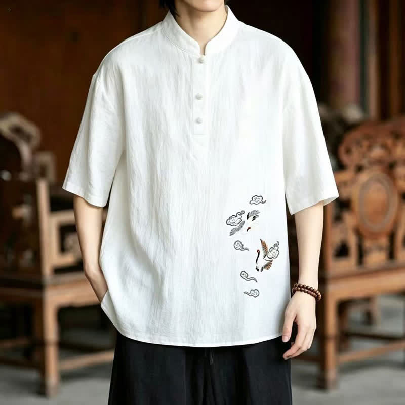 Nimara Ritual Summer Tang Style Casual Mandarin Collar Embroidery Crane Men's Short Sleeve Shirts