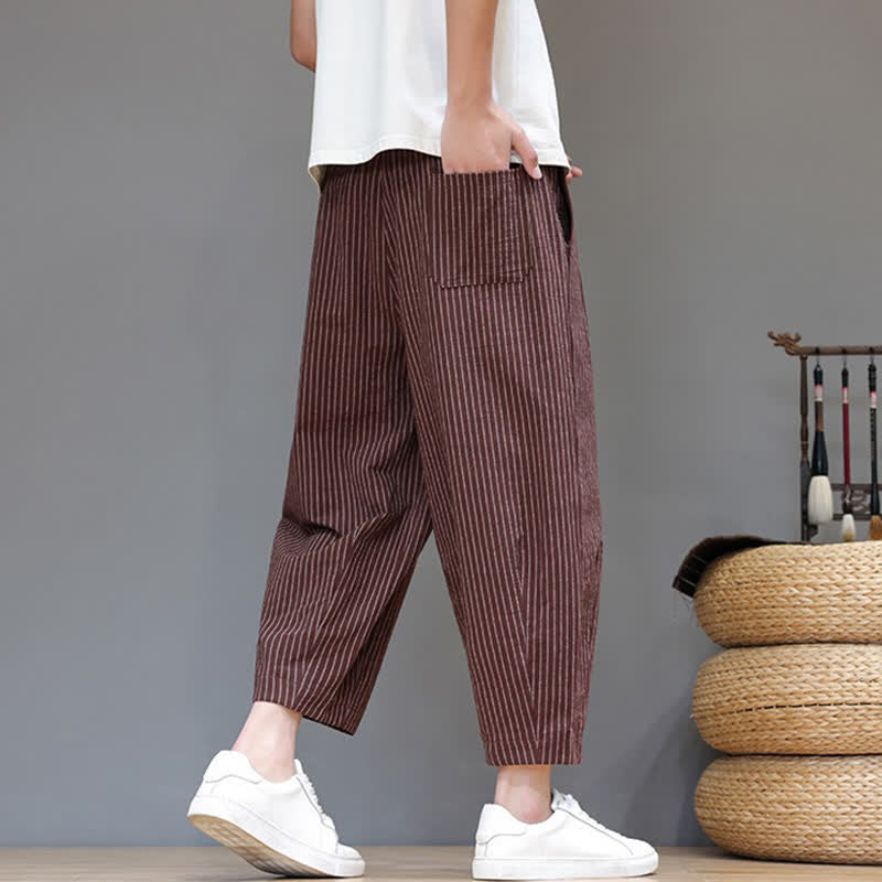 Nimara Ritual Summer Casual Minimalist Drawstring Striped Cotton Linen Capri Pants Men's Tapered Pants With Pocket