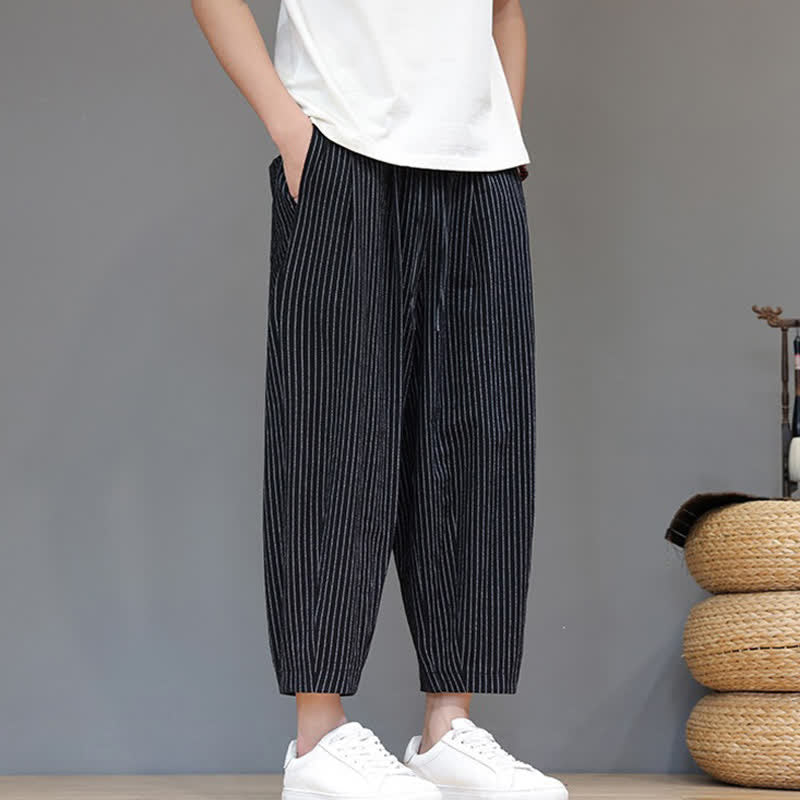 Nimara Ritual Summer Casual Minimalist Drawstring Striped Cotton Linen Capri Pants Men's Tapered Pants With Pocket