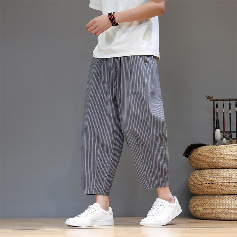 Nimara Ritual Summer Casual Minimalist Drawstring Striped Cotton Linen Capri Pants Men's Tapered Pants With Pocket