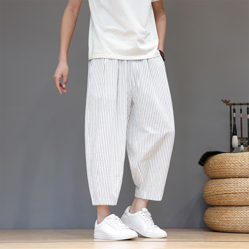 Nimara Ritual Summer Casual Minimalist Drawstring Striped Cotton Linen Capri Pants Men's Tapered Pants With Pocket