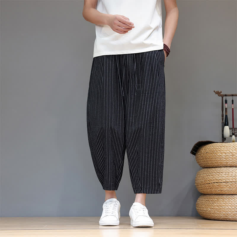 Nimara Ritual Summer Casual Minimalist Drawstring Striped Cotton Linen Capri Pants Men's Tapered Pants With Pocket