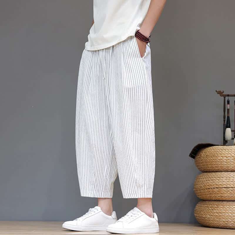 Nimara Ritual Summer Casual Minimalist Drawstring Striped Cotton Linen Capri Pants Men's Tapered Pants With Pocket