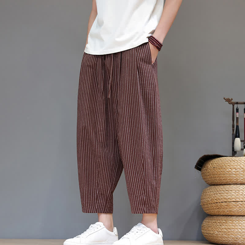 Nimara Ritual Summer Casual Minimalist Drawstring Striped Cotton Linen Capri Pants Men's Tapered Pants With Pocket