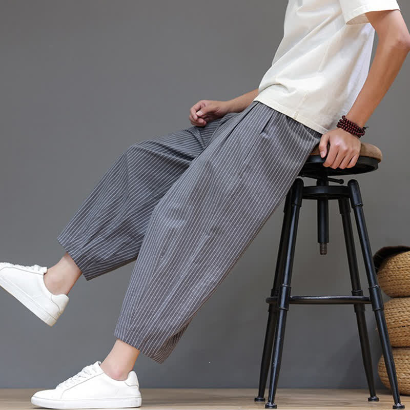 Nimara Ritual Summer Casual Minimalist Drawstring Striped Cotton Linen Capri Pants Men's Tapered Pants With Pocket