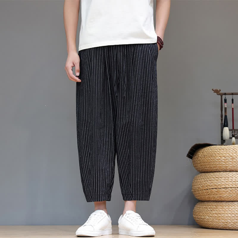 Nimara Ritual Summer Casual Minimalist Drawstring Striped Cotton Linen Capri Pants Men's Tapered Pants With Pocket