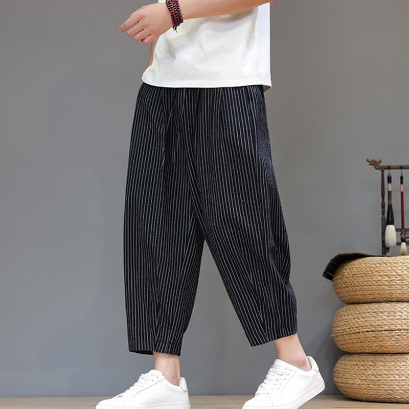 Nimara Ritual Summer Casual Minimalist Drawstring Striped Cotton Linen Capri Pants Men's Tapered Pants With Pocket