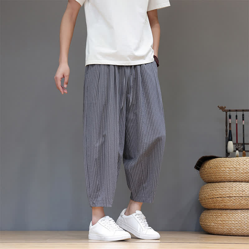 Nimara Ritual Summer Casual Minimalist Drawstring Striped Cotton Linen Capri Pants Men's Tapered Pants With Pocket