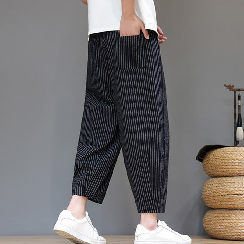 Nimara Ritual Summer Casual Minimalist Drawstring Striped Cotton Linen Capri Pants Men's Tapered Pants With Pocket
