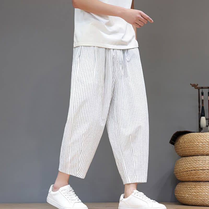 Nimara Ritual Summer Casual Minimalist Drawstring Striped Cotton Linen Capri Pants Men's Tapered Pants With Pocket