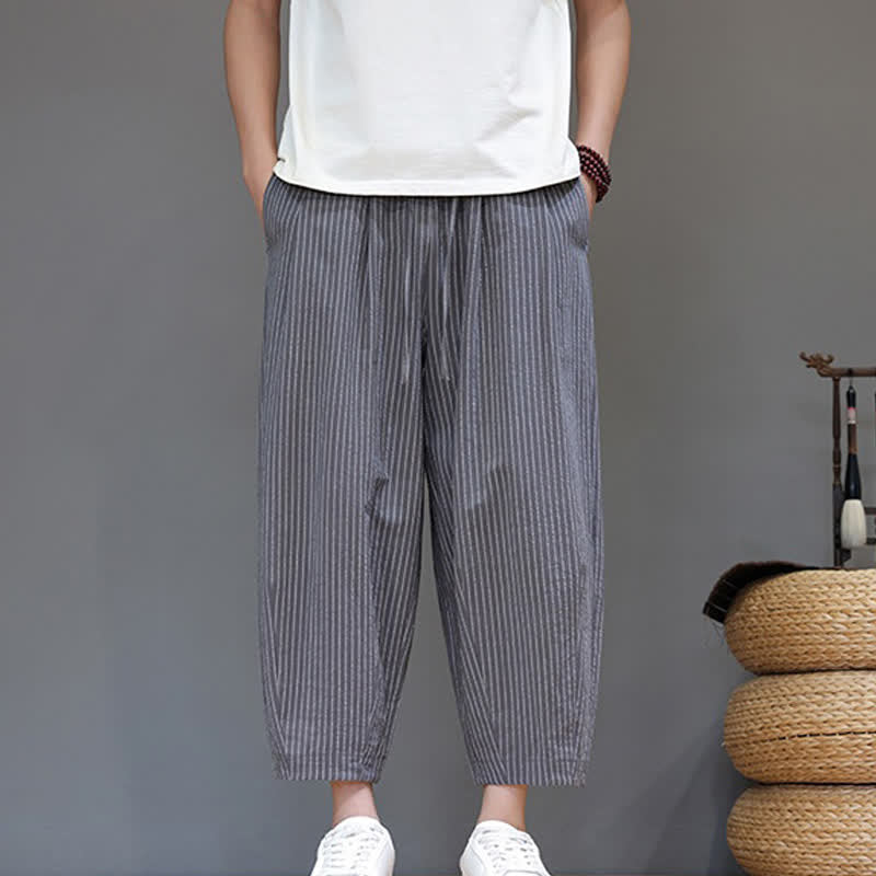 Nimara Ritual Summer Casual Minimalist Drawstring Striped Cotton Linen Capri Pants Men's Tapered Pants With Pocket