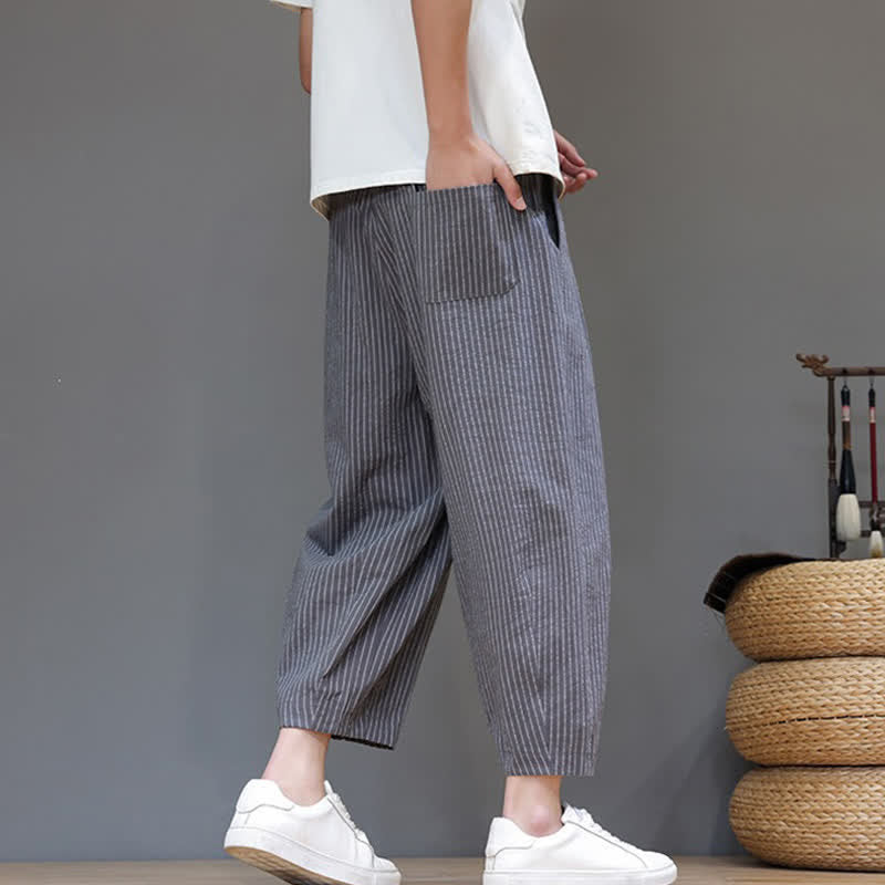 Nimara Ritual Summer Casual Minimalist Drawstring Striped Cotton Linen Capri Pants Men's Tapered Pants With Pocket