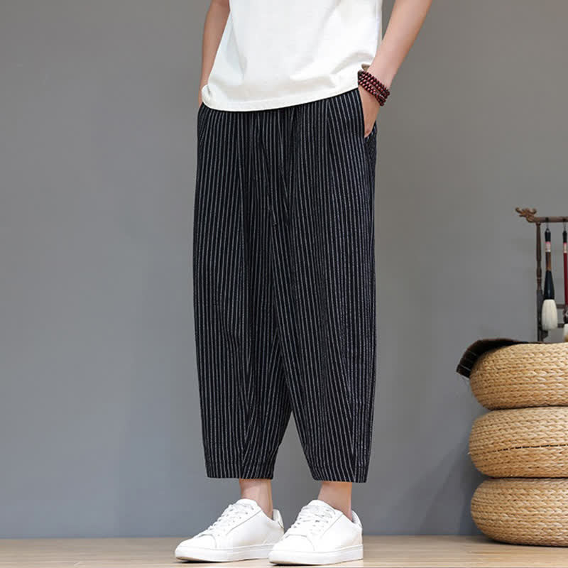 Nimara Ritual Summer Casual Minimalist Drawstring Striped Cotton Linen Capri Pants Men's Tapered Pants With Pocket