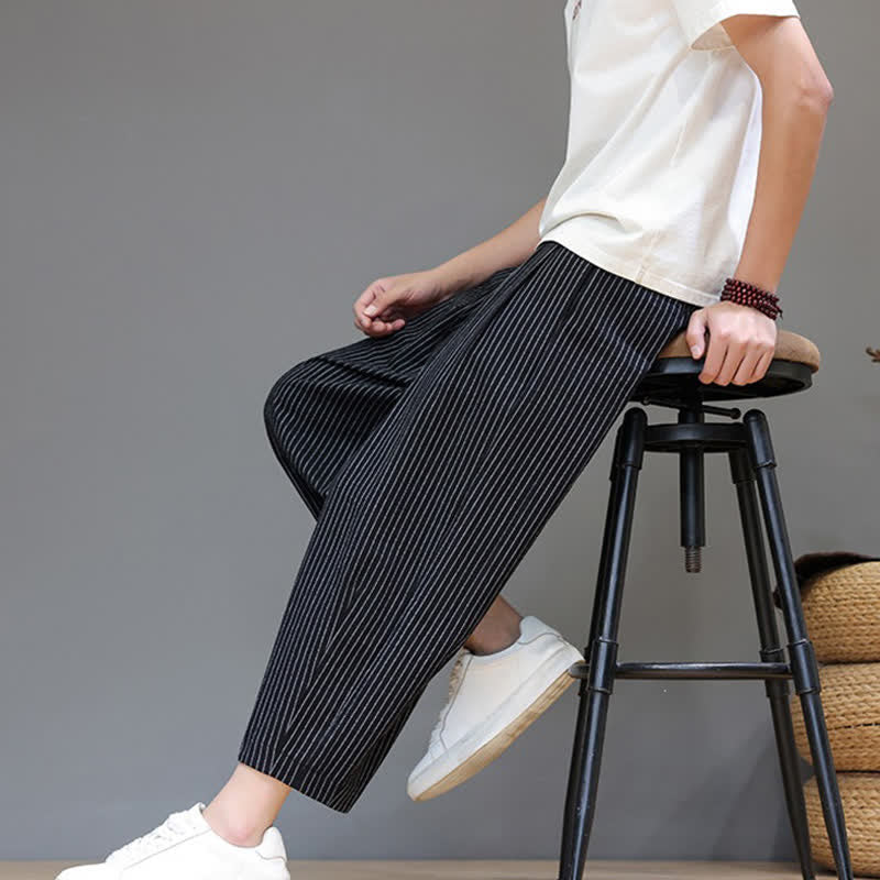 Nimara Ritual Summer Casual Minimalist Drawstring Striped Cotton Linen Capri Pants Men's Tapered Pants With Pocket