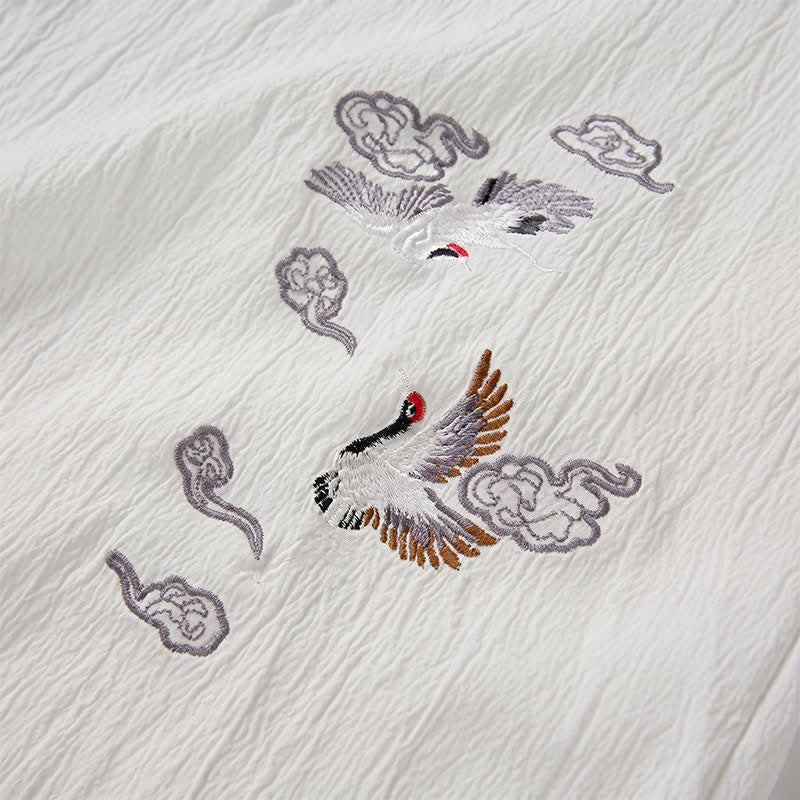 Nimara Ritual Summer Tang Style Casual Mandarin Collar Embroidery Crane Men's Short Sleeve Shirts