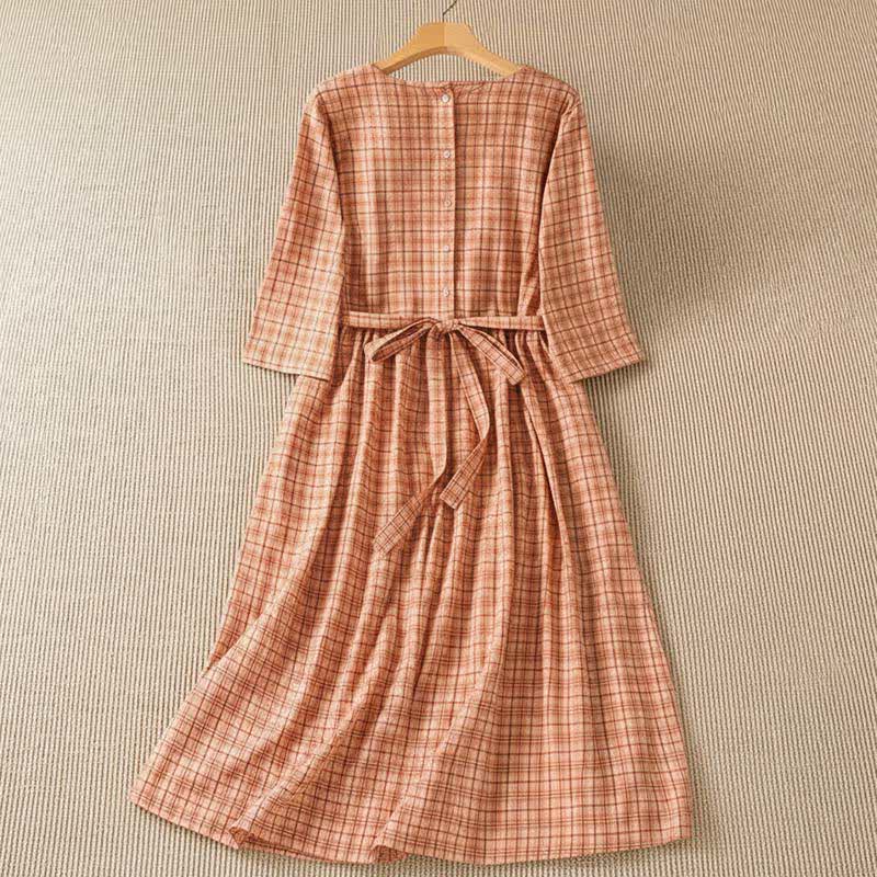 Nimara Ritual Summer Casual Vintage Plaid Women's Three-Quarter Sleeve Dress With Pocket