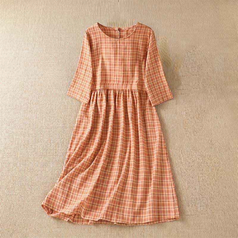 Nimara Ritual Summer Casual Vintage Plaid Women's Three-Quarter Sleeve Dress With Pocket