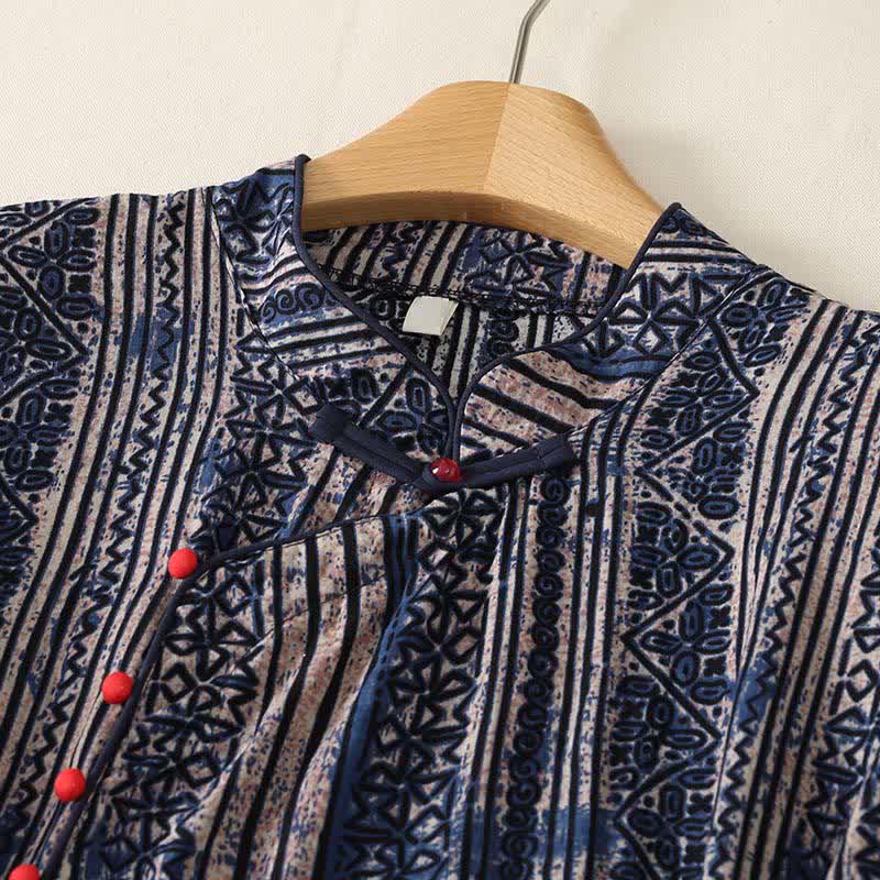Nimara Ritual Summer Tang Style Boho Mandarin Collar Geometric Women's Three-Quarter Sleeve Dress With Pocket