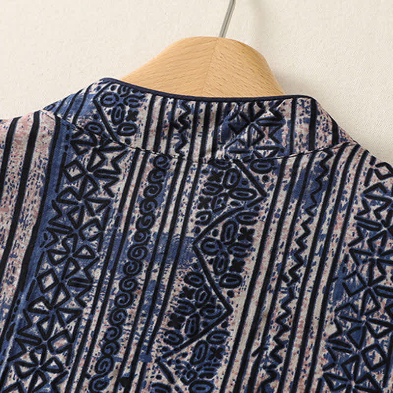 Nimara Ritual Summer Tang Style Boho Mandarin Collar Geometric Women's Three-Quarter Sleeve Dress With Pocket