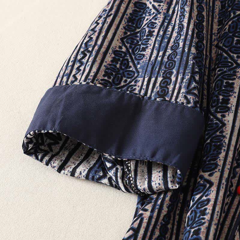 Nimara Ritual Summer Tang Style Boho Mandarin Collar Geometric Women's Three-Quarter Sleeve Dress With Pocket