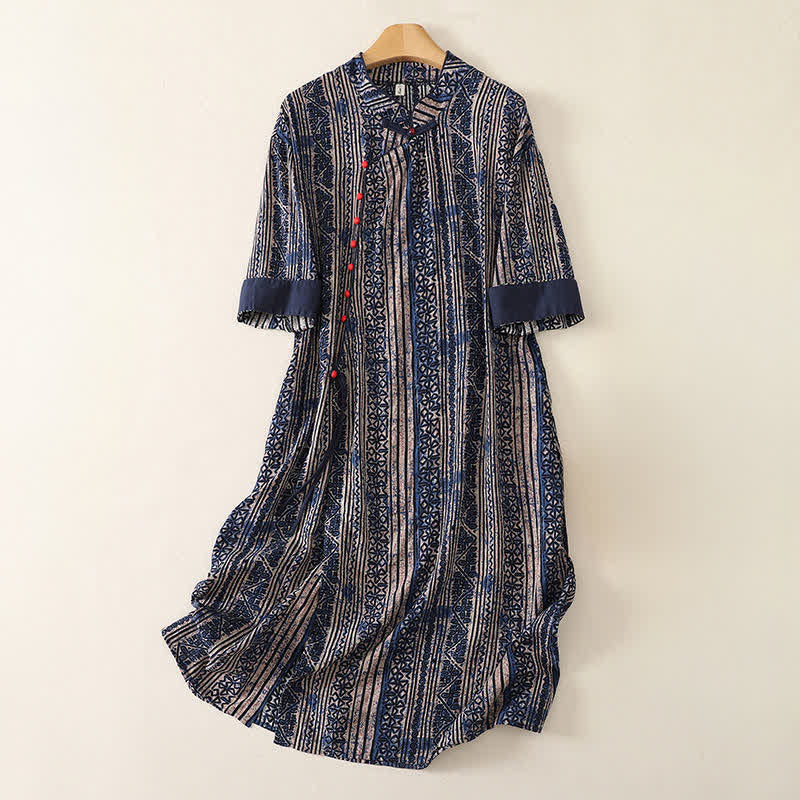 Nimara Ritual Summer Tang Style Boho Mandarin Collar Geometric Women's Three-Quarter Sleeve Dress With Pocket
