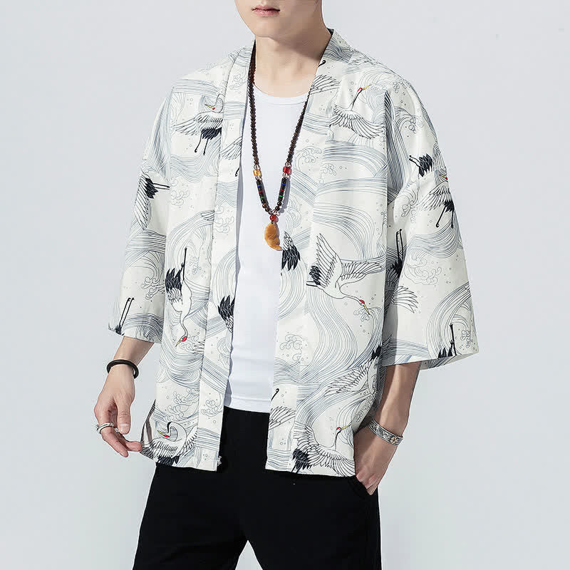 Nimara Ritual Summer Casual Vintage Open Front Crane Wave Print Men's Kimonos