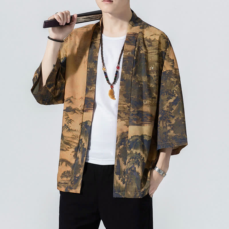 Nimara Ritual Summer Casual Vintage Open Front Crane Wave Print Men's Kimonos