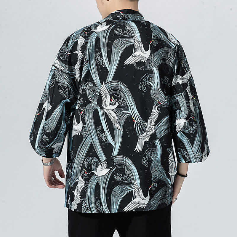 Nimara Ritual Summer Casual Vintage Open Front Crane Wave Print Men's Kimonos