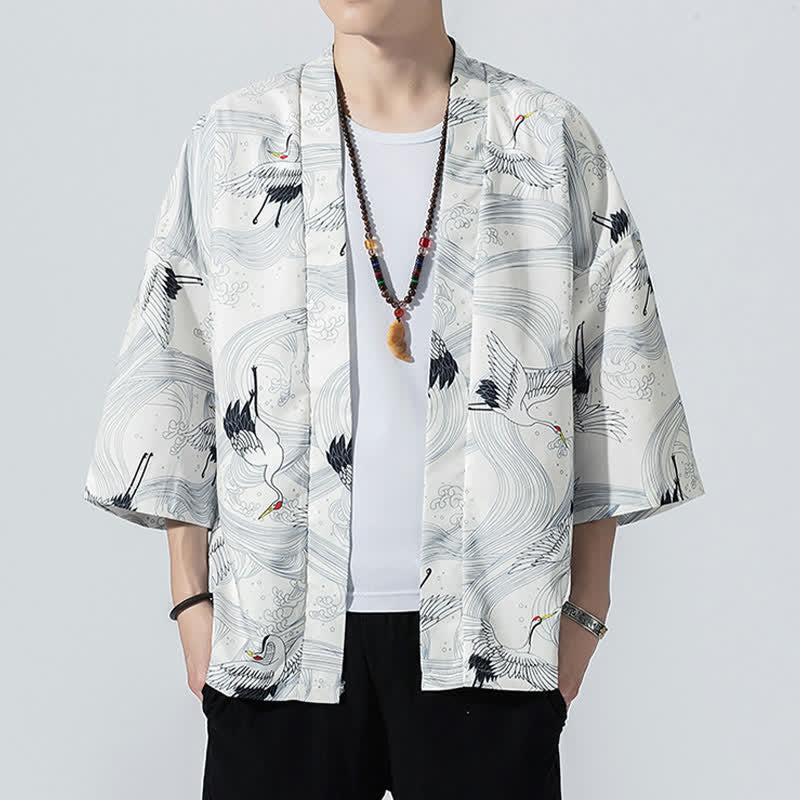 Nimara Ritual Summer Casual Vintage Open Front Crane Wave Print Men's Kimonos