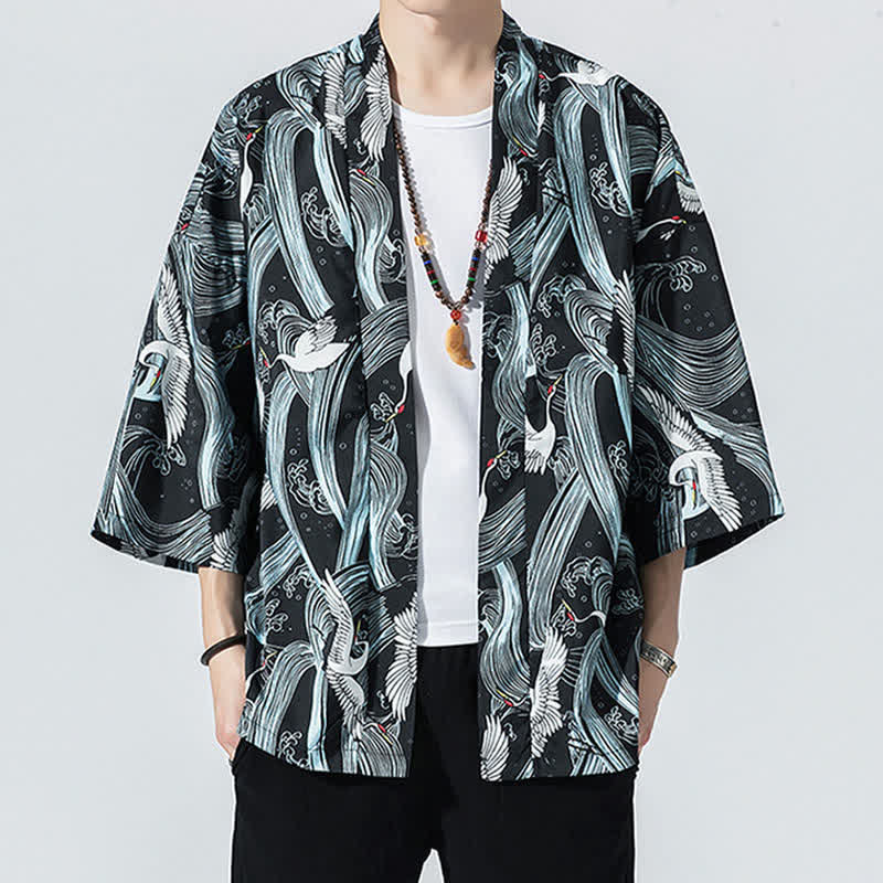 Nimara Ritual Summer Casual Vintage Open Front Crane Wave Print Men's Kimonos