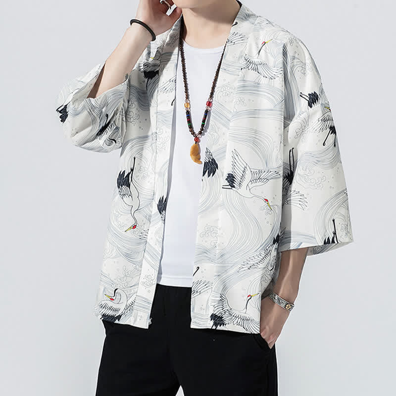 Nimara Ritual Summer Casual Vintage Open Front Crane Wave Print Men's Kimonos