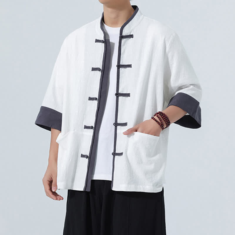 Nimara Ritual Summer Casual Tang Style Frog Button Solid Cotton Men's Short Sleeve Shirts With Pocket