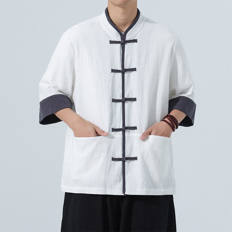 Nimara Ritual Summer Casual Tang Style Frog Button Solid Cotton Men's Short Sleeve Shirts With Pocket