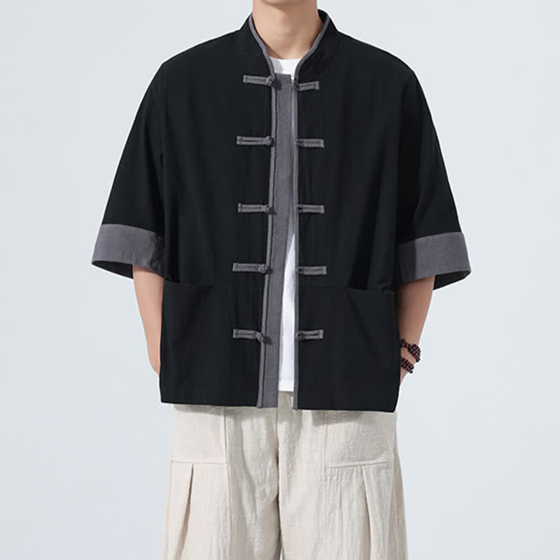 Nimara Ritual Summer Casual Tang Style Frog Button Solid Cotton Men's Short Sleeve Shirts With Pocket